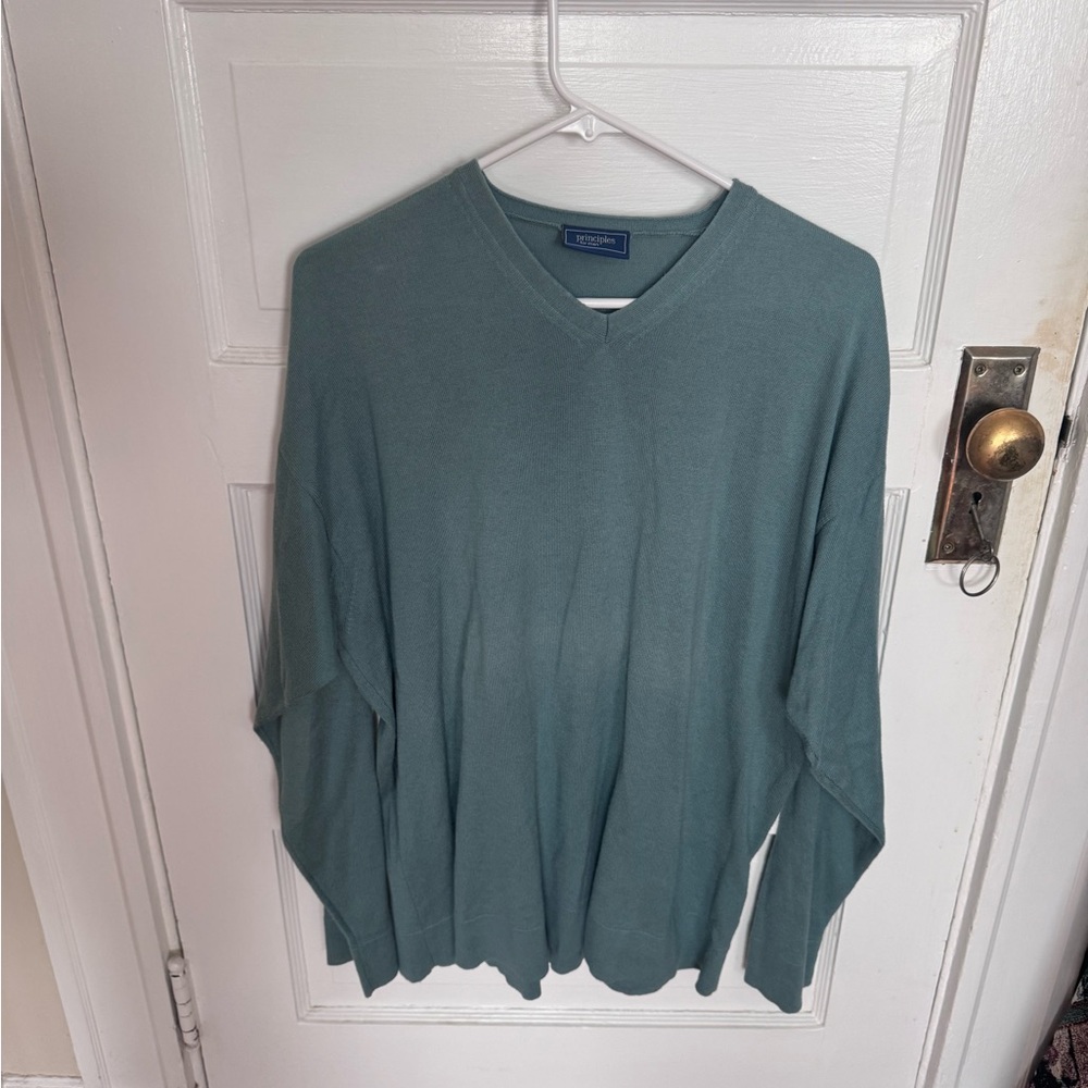 Green V-Neck Sweater Lightweight Knit